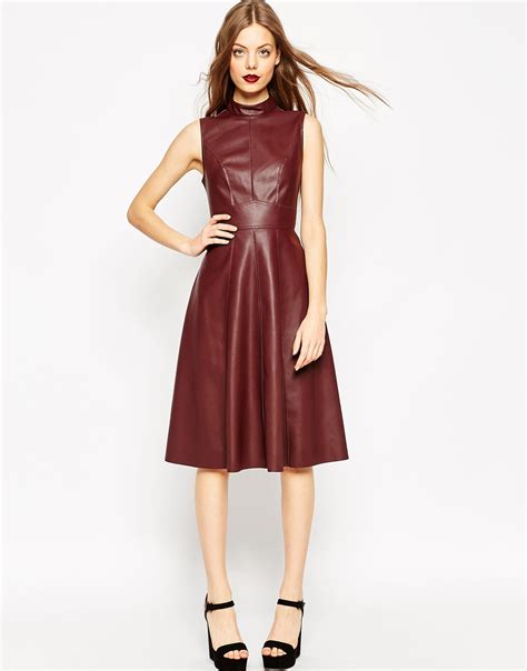 Asos Midi Skater Dress In Leather Look With High Neck In Purple Lyst