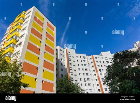 Apartment Building Brightly Painted In Bucharest Romania Stock Photo