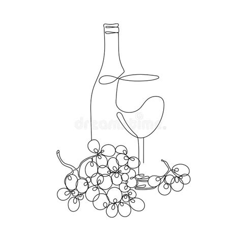 Dibujo Continuo De Una L Nea Una Botella De Vino Con Un Vaso Y Uvas