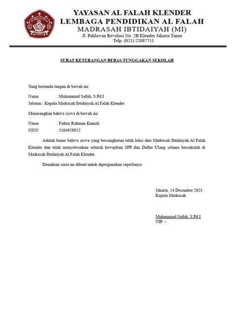 contoh surat keterangan tunggakan sekolah panduan lengkap