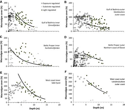 Macroalgal Cover Versus Depth For Six Different Areas Each