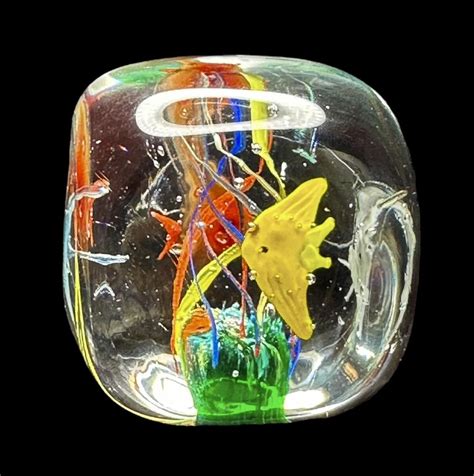 Blown Glass Art Fish Bowl Aquarium Paperweight Multicolored Fish Sea Plants Cube