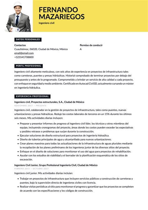 Currículum para Ingeniero civil - 18 plantillas - Crea tu CV GRATIS