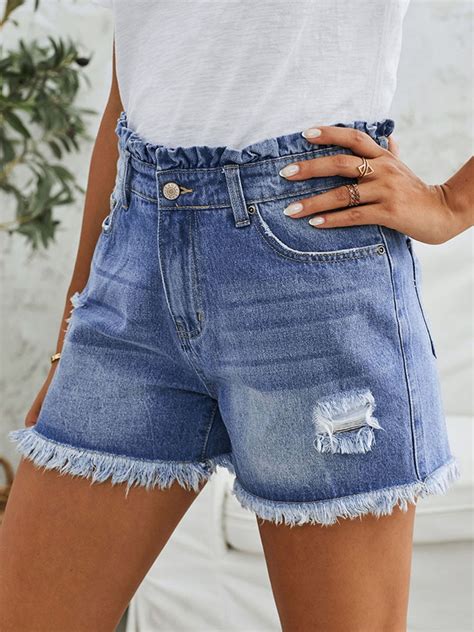 Tassel Curled Ripped Denim Shorts