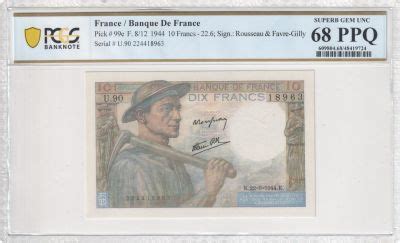 Billet France 10 Francs Mineur 22 06 1944 PCGS 68 PPQ