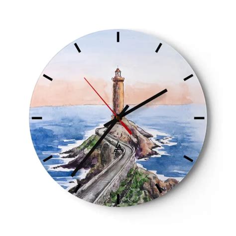 HORLOGE MURALE EN verre 30x30cm Silencieuse Phare Côte Bord De Mer Wall