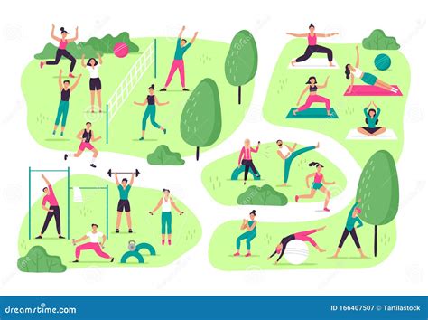 People Do Sports In Park Outdoor Sport Activities Group Workout And