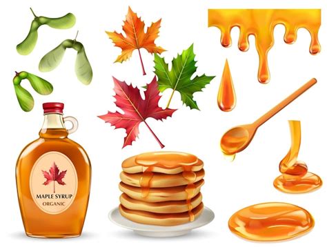 Free Vector Maple Syrup Set With Isolated Realistic Pancakes Drops Spoon Colorful Leaves Seeds