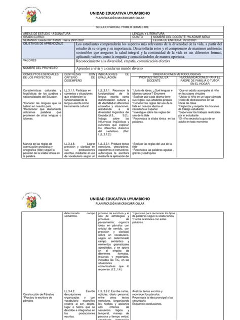 Planificación Microcurricular Lengua Y Literatura P2 Pdf Lengua Española Ciencia Cognitiva