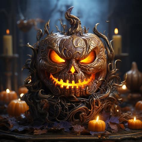 Premium Ai Image Halloween Pumpkin Head Jack Lantern With Burning Candles