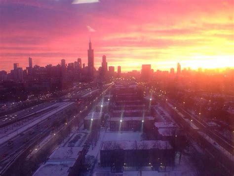 Beautiful Sunrise Airplane View Chicago Skyline