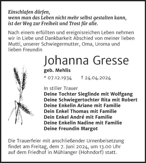 Traueranzeigen Von Johanna Gresse Abschied Nehmen De