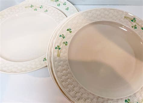 Six Belleek Dinner Plates Green Mark Belleek Shamrock Ware Plates