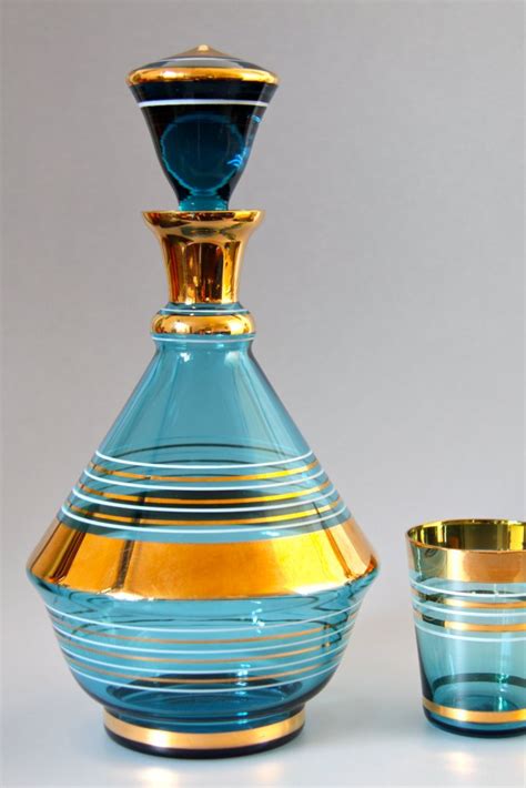 Bohemian Borske Sklo Glassworks Cobalt Blue Gilted Decanter And Glasses Set Circa 1950’s