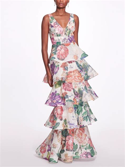 Marchesa Notte Plunging V Neck Floral Printed Gown In White Lyst