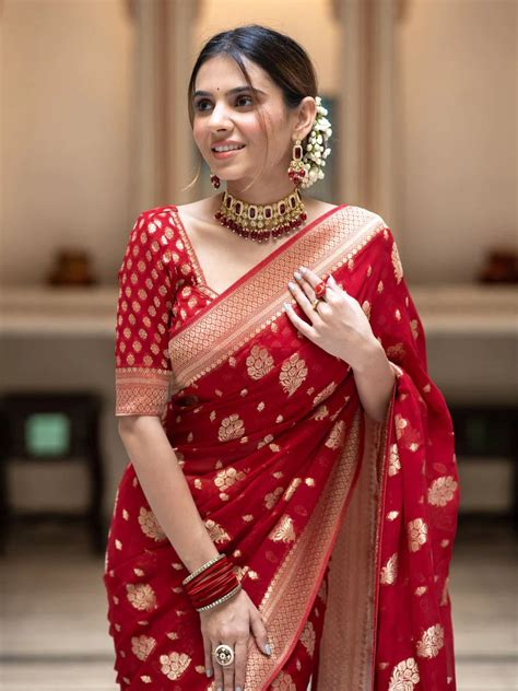 Ideal Red Soft Banarasi Silk Saree With Dalliance Blouse Piece Lajreedesigner