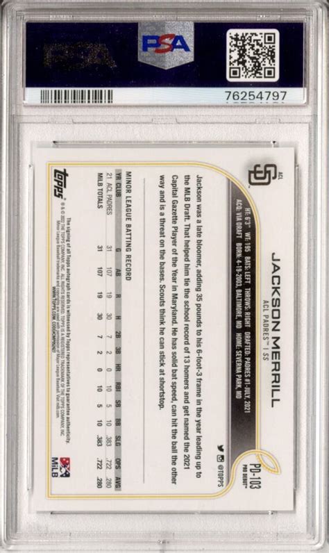 2022 Topps Pro Debut Baseball Jackson Merrill Base Auto PSA 10 EBay