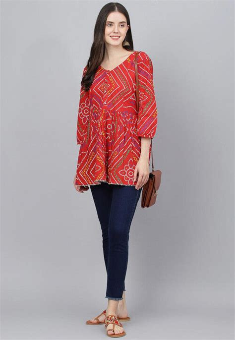 Buy Bandhej Printed Pure Cotton Peplum Style Top In Red Online Tkv379