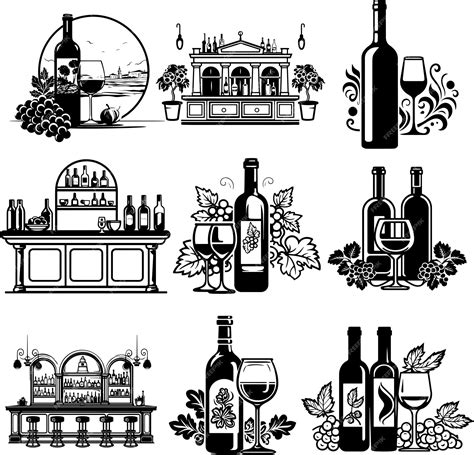 Premium Vector Wine Bottle Glass Wine Bar Collection Silhouette Black And White Vector