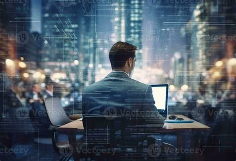 Ai Generative Double Exposure Photo Of A Business Man Using Laptop On