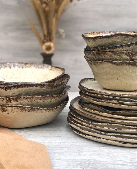 Rustic Ceramic Dinnerware Set Of Dessert Dinner Plates And Etsy