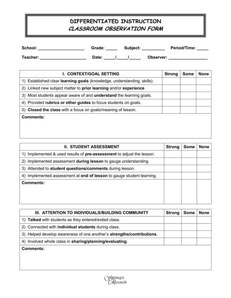 Classroom Observation Form Sample