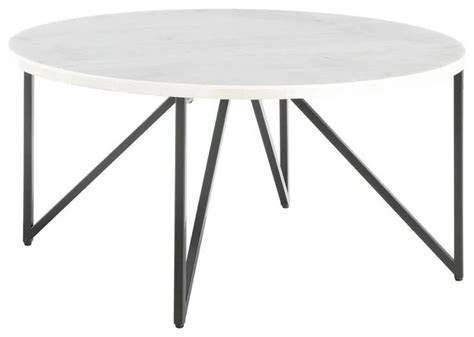 Contemporary Round Coffee Table White Marble Top Black Angular Metal Legs Midcentury