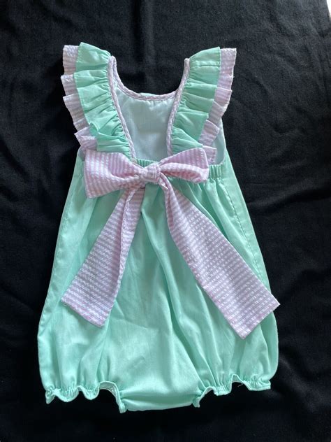 Smockingbird Euc Nwot Green Pink Ruffled Woven Cotton Bow Back