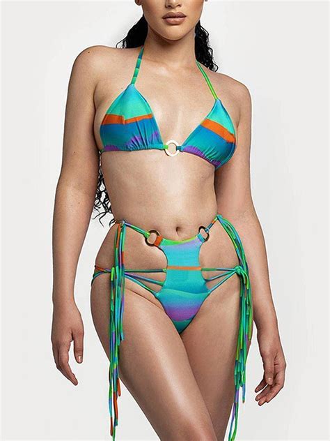 Emmiol Free Shipping Printed O Ring String Bikini Set Blue L In