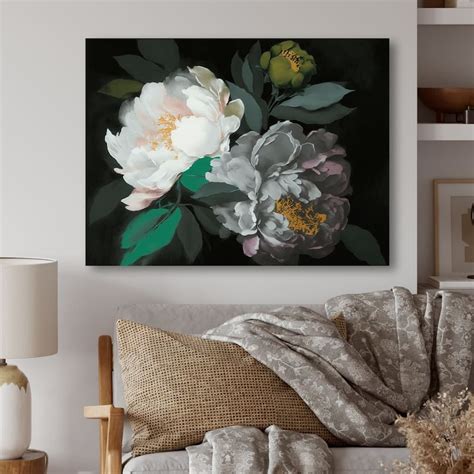 Designart "White Blossoming Peony On Black I" Floral Peony Canvas Wall Art - Bed Bath & Beyond ...