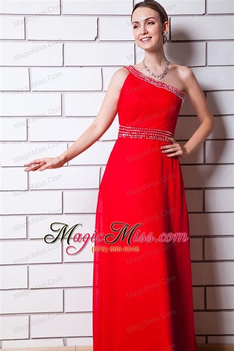 Red Empire One Shoulder Floor Length Chiffon Beading Homecoming Dress