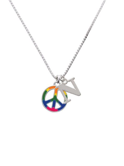 Silvertone Large Rainbow Colored Peace Sign N Initial Necklace