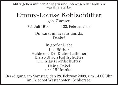 Traueranzeigen von Emmy Louise Kohlschütter trauer merkur de