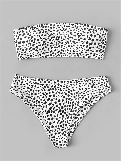 White Polka Dot Print Bandeau Swimsuit Top With Bikini Bottom Https