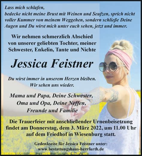 Traueranzeigen von Jessica Feistner Märkische Onlinezeitung Trauerportal