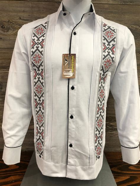 Guayabera Wedding Shirt Long Sleeve Red And Black Double Embroidery