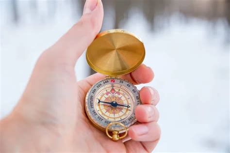 Concept Orienteering In The Woods A Route Winter Man Holds Compass