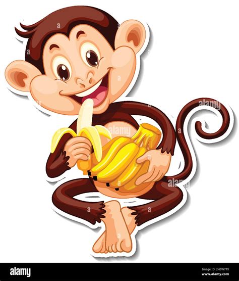 Monkey eating banana cartoon character sticker illustration Stock ...