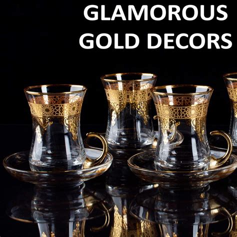 Turkish Tea Set HandCraft Golden Tea Set 12 Part For 6 Person Glasses