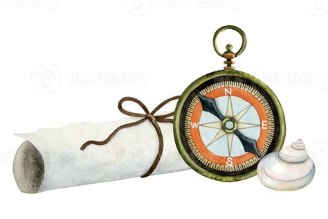 Watercolor Vintage Pocket Compass With Paper Scroll And Seashell