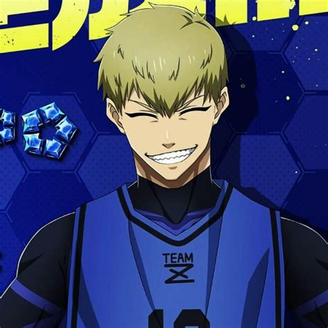 An Anime Character With Blonde Hair Wearing A Blue Uniform And Smiling