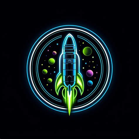 Premium Photo | Neon Design of Rocket Logo With Planets and Stars Cosmic Blue and Neon Gree ...