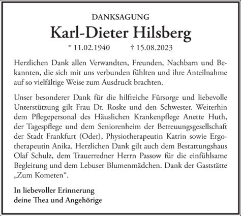 Traueranzeigen von Karl Dieter Hilsberg Märkische Onlinezeitung