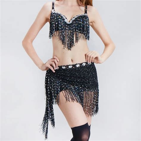 Belly Dance Costume 2 Pieces Sequins Tassel Bra Belly Dance Hip Scarf