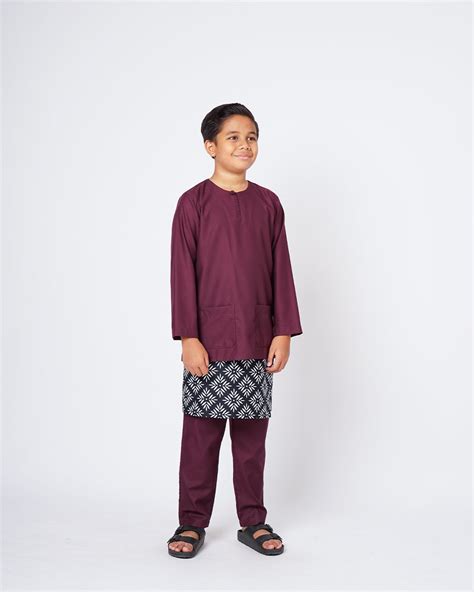 Bangsawan Baju Melayu Set Kids Burgundy Kurta Boys