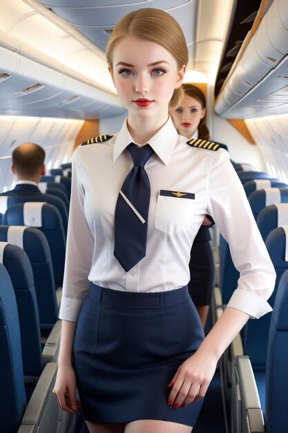 A Beautiful Woman In Flight Attendant Uniform With Shirt And Tie Is