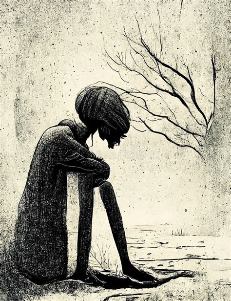 Depression in a Black and White Illustration, Lonely Woman, Rainy Sad Illustration, Ai Generated ...