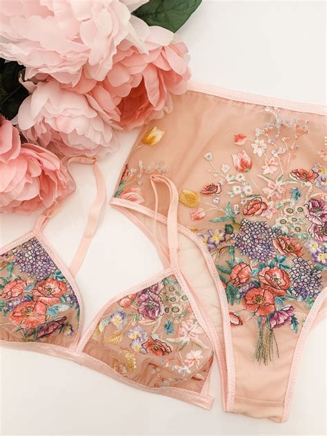 Blush Pink Embroidered Floral Lingerie Set Boudoir Lingerie Etsy UK