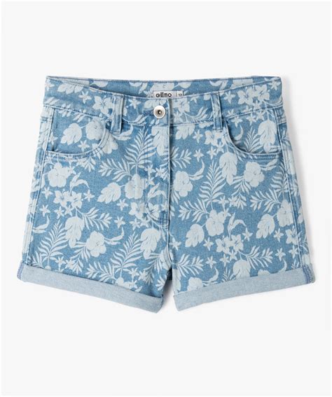 Short Fille En Denim Motifs Fleuris Avec Revers Imprime Gemo