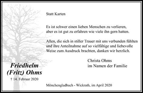 Traueranzeigen Von Friedhelm Ohms Trauer Und Gedenken